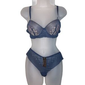 Youmita 36B Blue Knight Symmetrical Mesh Bra and Medium Panty NWT